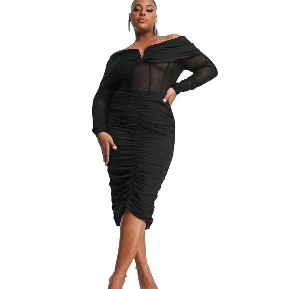 ASOS Luxe Curve Midi Dress Ruched Mesh Long Sleeve Back Zip Closure Black 12 NWT - Picture 7 of 10